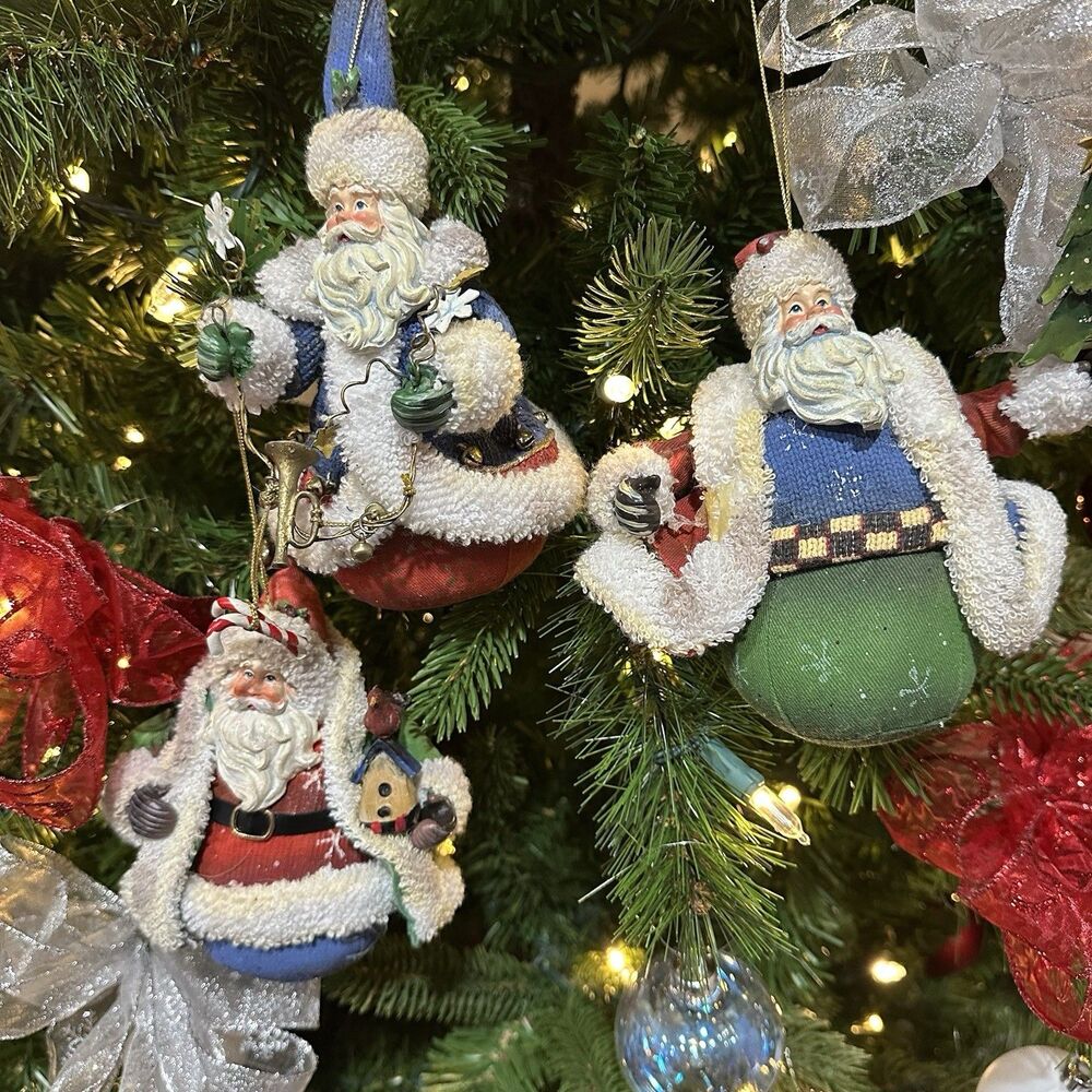 3 Vtg Fabric Mache Rolly Polly Santa Claus Ornaments -READ